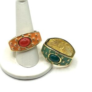 Joan Rivers 2 Gold Orange and Green vintage scarf clip with enamel and Cabochon
